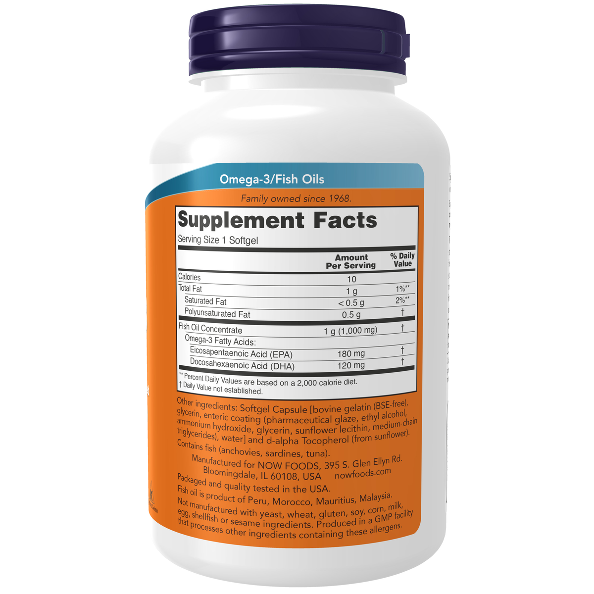 NOW Foods Omega-3, Molecularly Distilled & Enteric Coated - 180 Softgels – Label details / Etykieta producenta