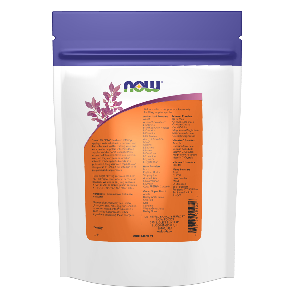 NOW Foods Empty Capsules, Vegetarian, Single 0" - 300 Veg Capsules" – Label details / Etykieta producenta