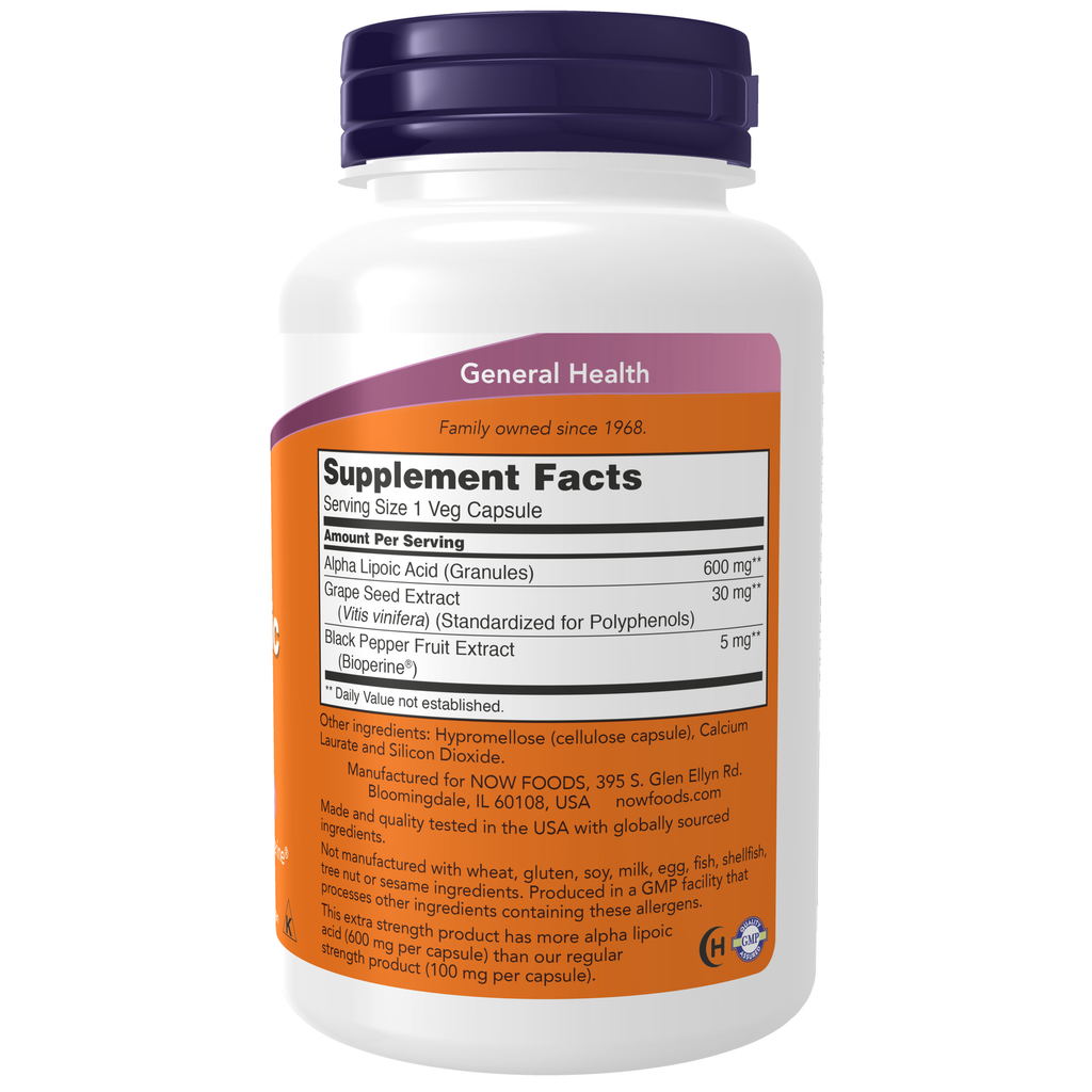 NOW Foods Alpha Lipoic Acid, Extra Strength 600 mg - 120 Veg Capsules – Label details / Etykieta producenta