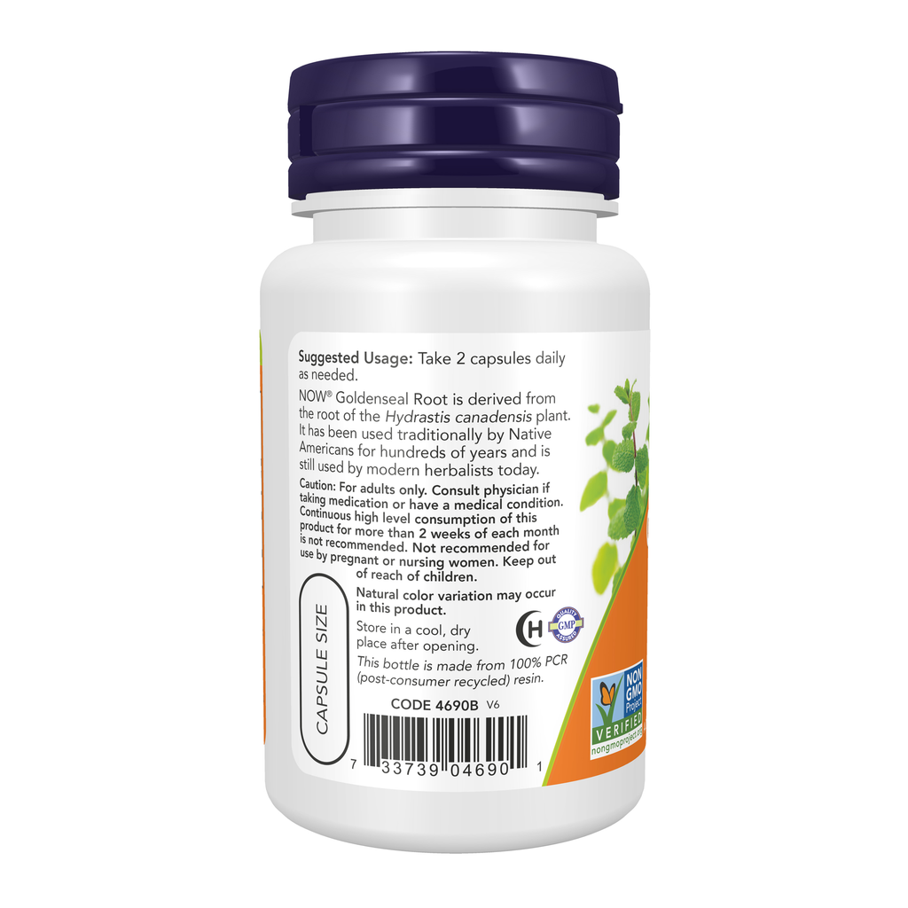 NOW Foods Goldenseal Root 500 mg - 50 Veg Capsules – Left label / Etykieta producenta