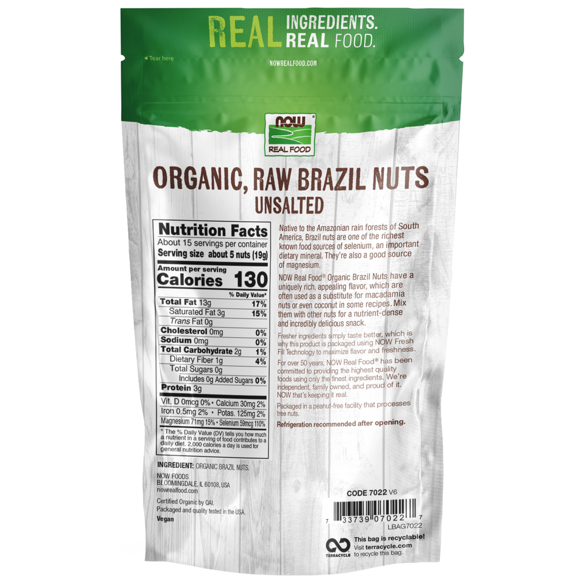 NOW Foods Brazil Nuts, Organic, Raw & Unsalted - 10 oz. – Label details / Etykieta producenta