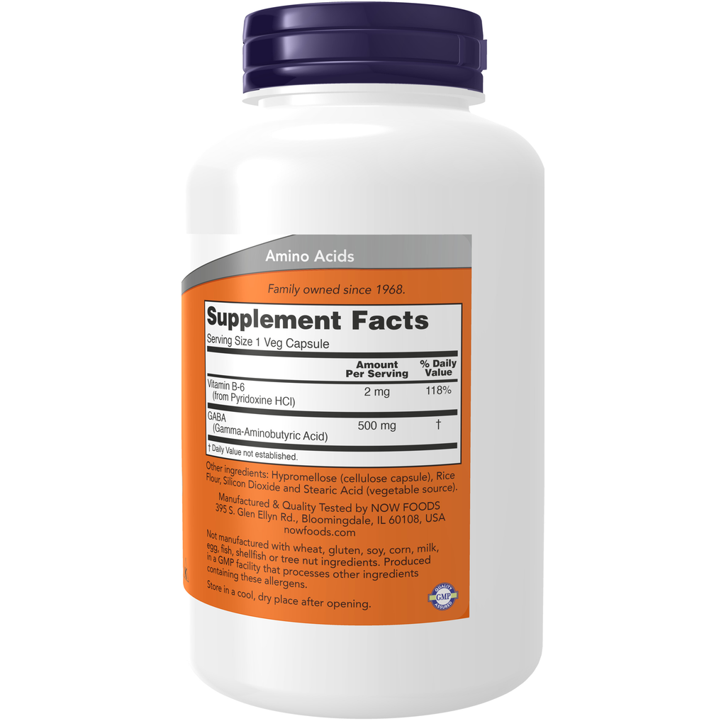 NOW Foods GABA 500 mg + B-6 - 200 Veg Capsules – Label details / Etykieta producenta
