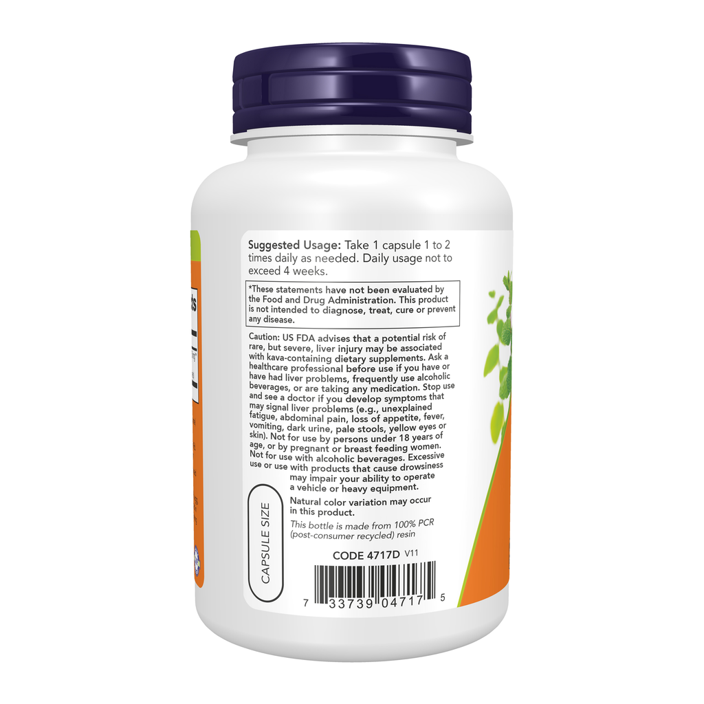 NOW Foods Kava Kava Extract 250 mg - 120 Veg Capsules – Left label / Etykieta producenta