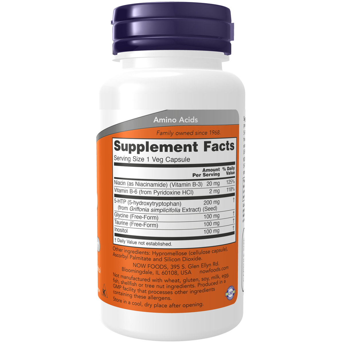 NOW Foods 5-HTP, Double Strength 200 mg - 60 Veg Capsules – Label details / Etykieta producenta