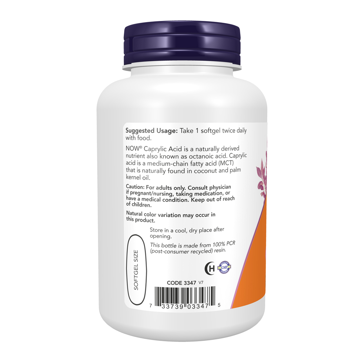 NOW Foods Caprylic Acid 600 mg - 100 Softgels – Left label / Etykieta producenta