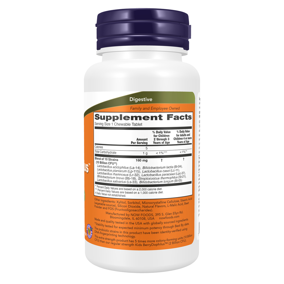 NOW Foods BerryDophilus™ Extra Strength 10 Billion - 50 Chewables – right label / Etykieta producenta