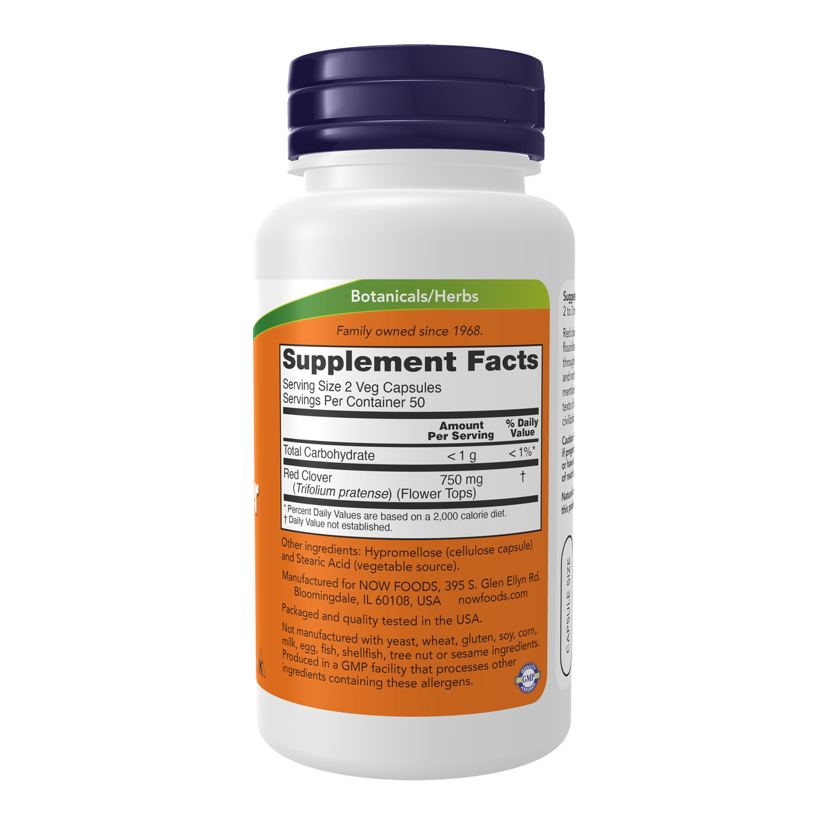 NOW Foods Red Clover 375 mg - 100 Veg Capsules – Right label / Etykieta producenta