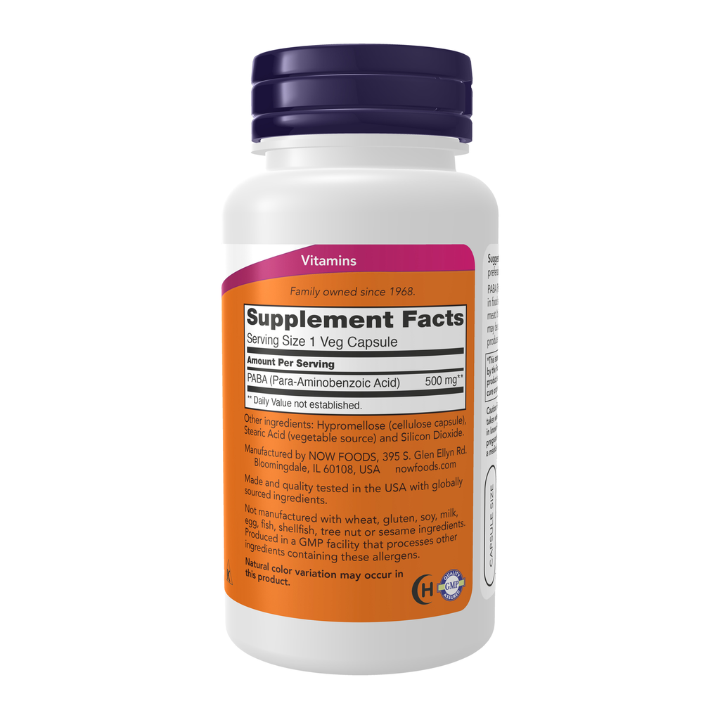 NOW Foods PABA 500 mg - 100 Veg Capsules – Right label / Etykieta producenta