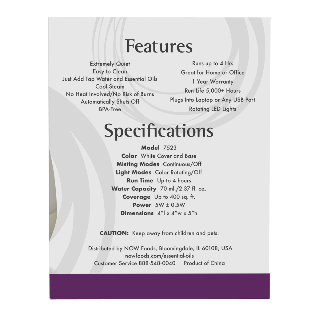 NOW Foods Ultrasonic USB Essential Oil Diffuser – Label details / Etykieta producenta