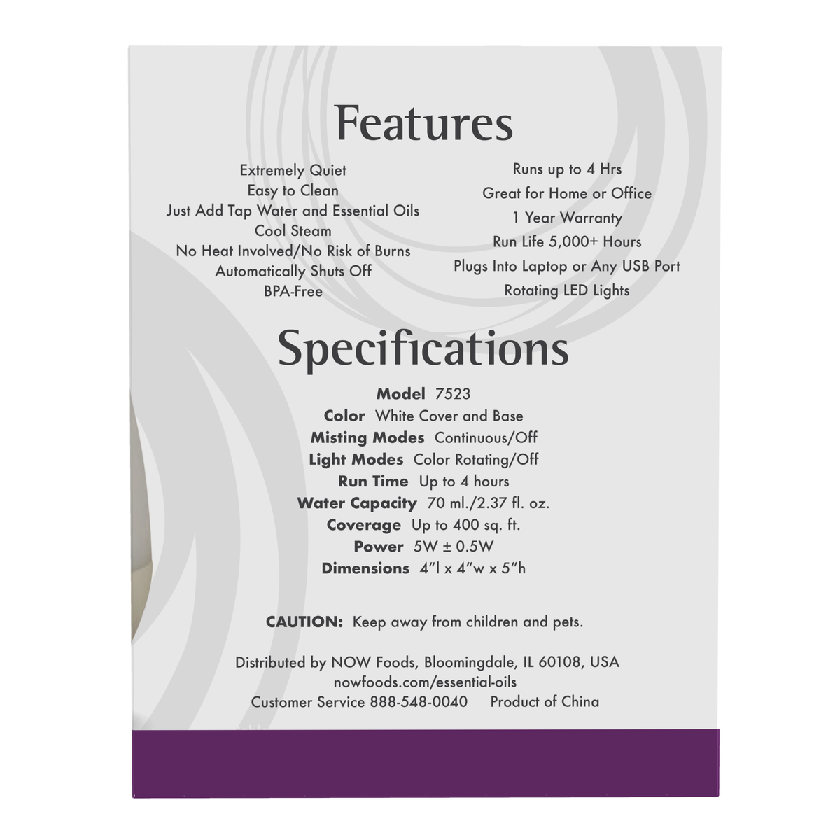 NOW Foods Ultrasonic USB Essential Oil Diffuser – Label details / Etykieta producenta