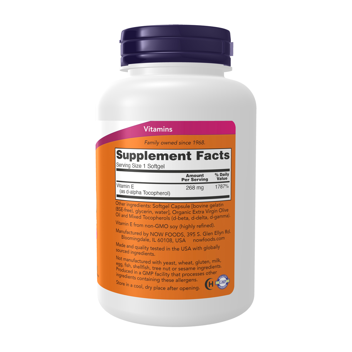 NOW Foods Vitamin E-400 With Mixed Tocopherols - 250 Softgels – Right label / Etykieta producenta