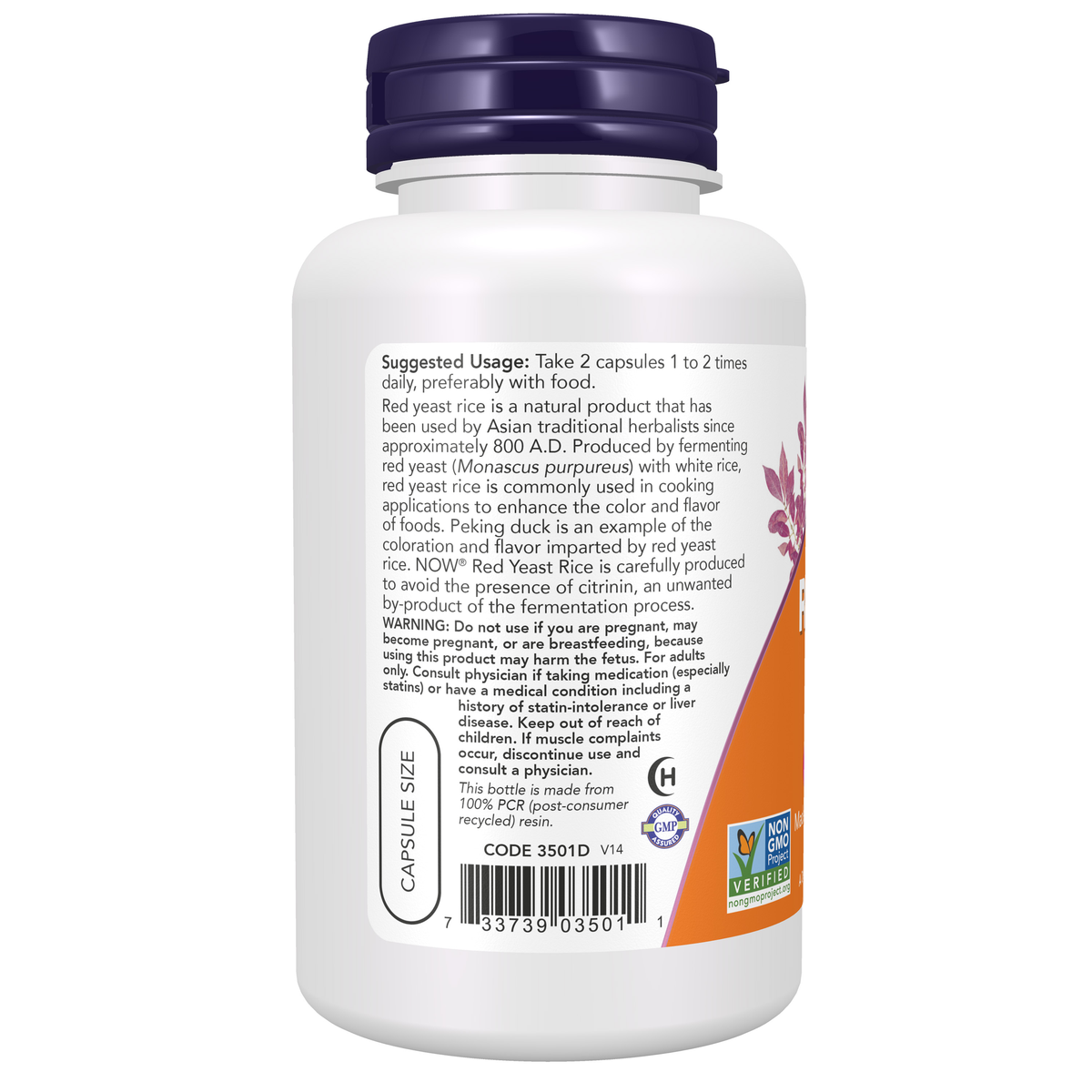 NOW Foods Red Yeast Rice 600 mg - 120 Veg Capsules – Left label / Etykieta producenta