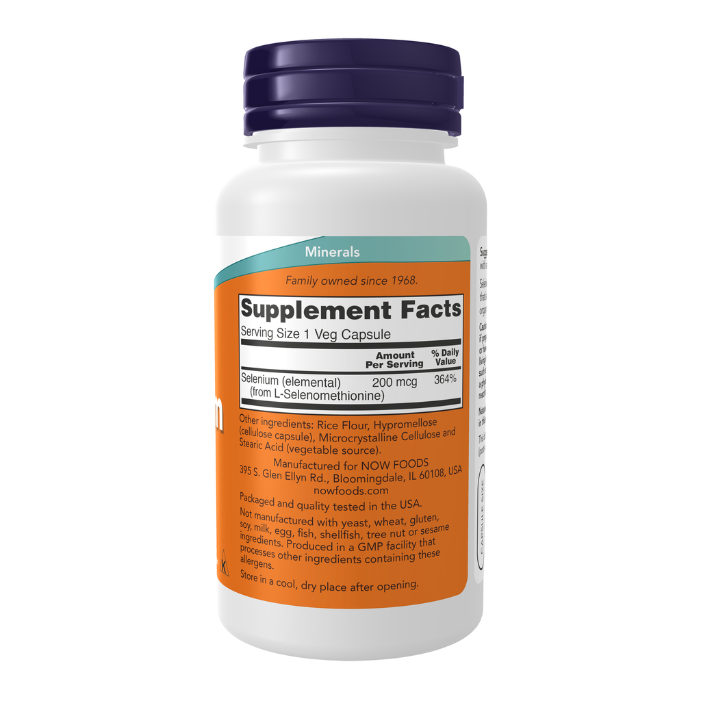 NOW Foods Selenium 200 mcg - 90 Veg Capsules – Right label / Etykieta producenta