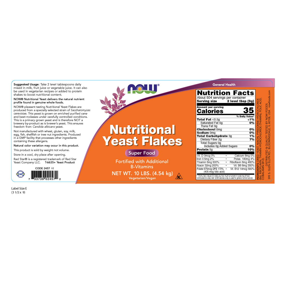 NOW Foods Nutritional Yeast Flakes - 10 lbs. – Label details / Etykieta producenta