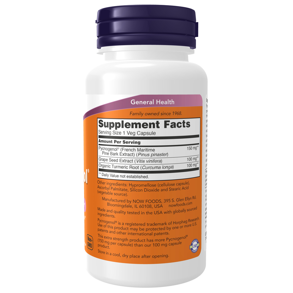 NOW Foods Pycnogenol, Extra Strength 150 mg - 60 Veg Capsules – Label details / Etykieta producenta