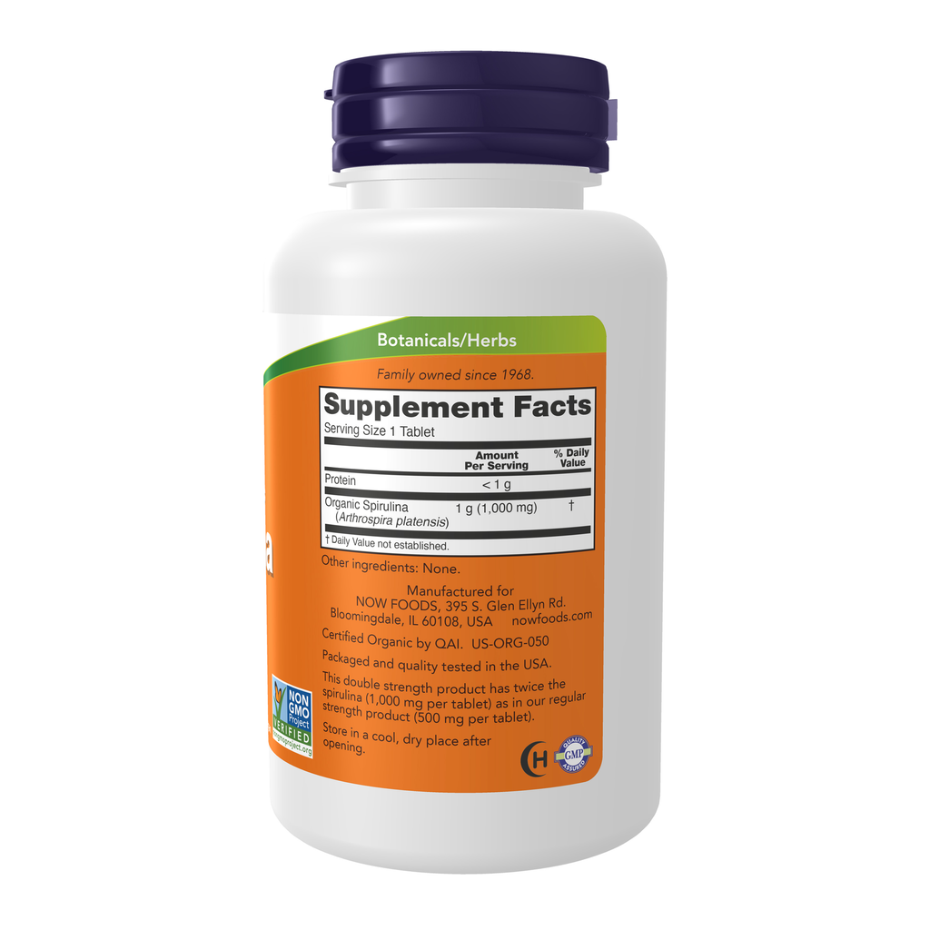 NOW Foods Spirulina Double Strength, 1000 mg Organic - 120 Tablets – Right label / Etykieta producenta