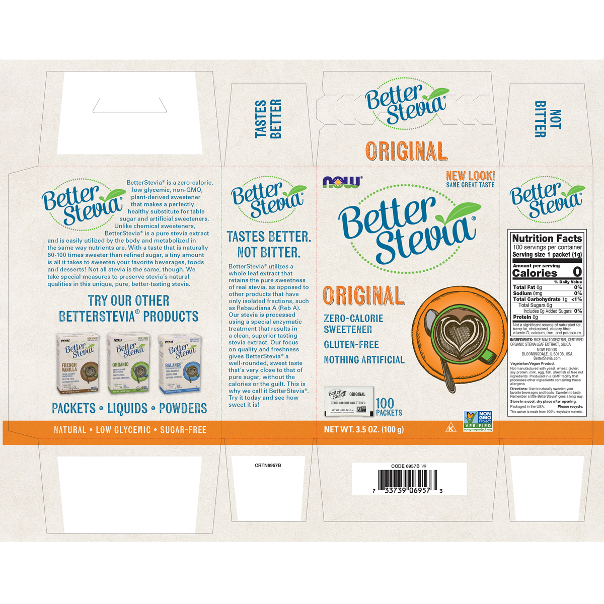 NOW Foods BetterStevia® Packets - 100 Packets/Box – Label details / Etykieta producenta