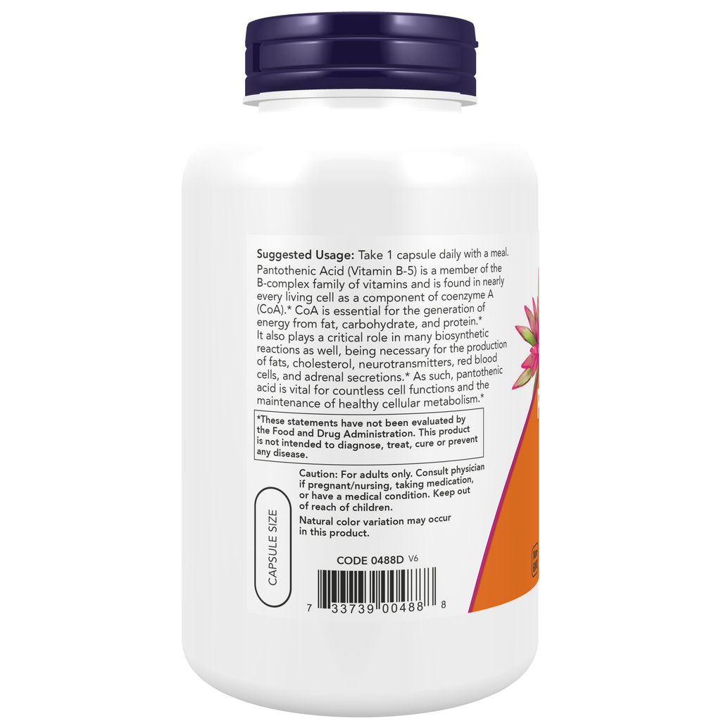 NOW Foods Pantothenic Acid 500 mg - 250 Veg Capsules – Left label / Etykieta producenta