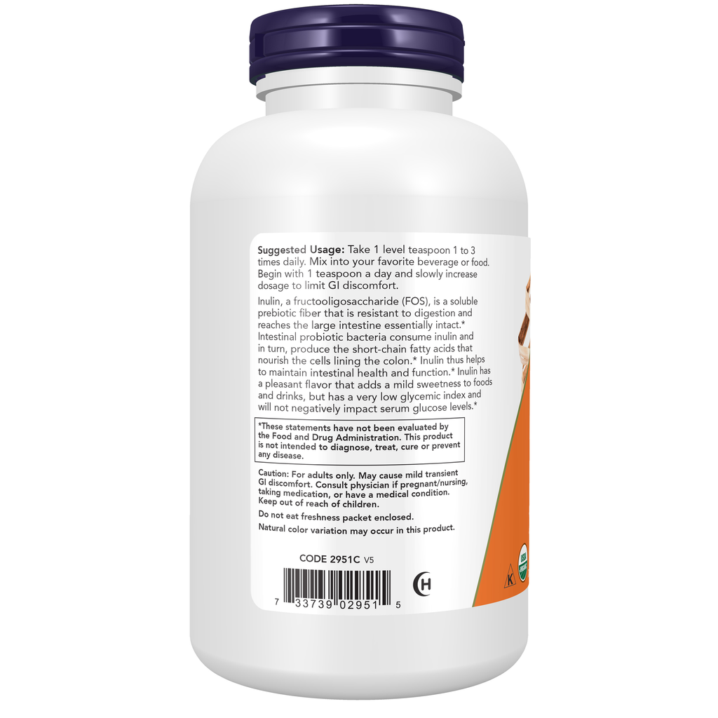 NOW Foods Inulin Prebiotic Pure Powder, Organic - 1 lb. – left label / Etykieta producenta