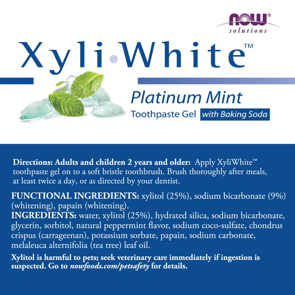 NOW Foods Xyliwhite™ Platinum Mint Toothpaste Gel with Baking Soda - 6.4 oz. – Label details / Etykieta producenta