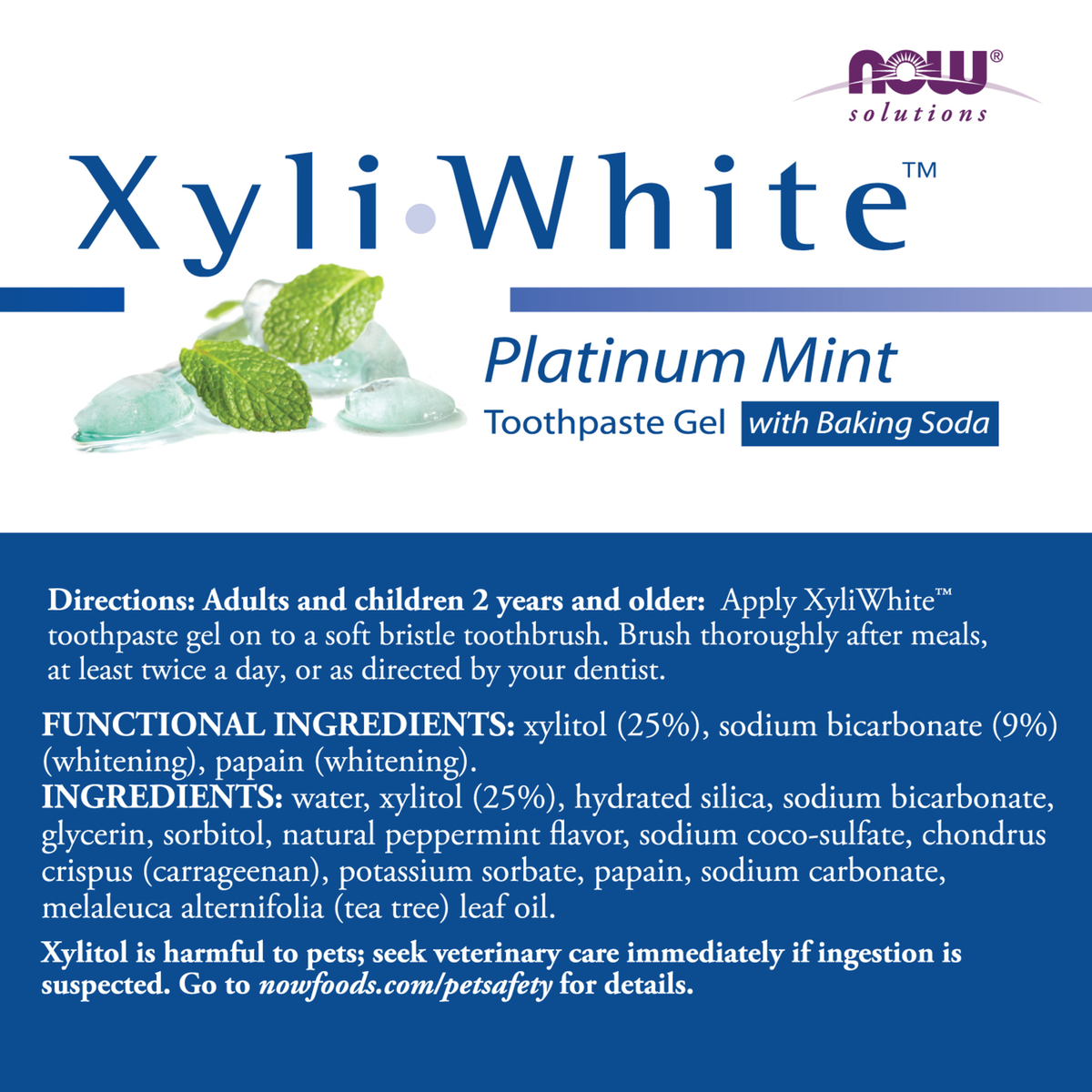 NOW Foods Xyliwhite™ Platinum Mint Toothpaste Gel with Baking Soda - 6.4 oz. – Label details / Etykieta producenta