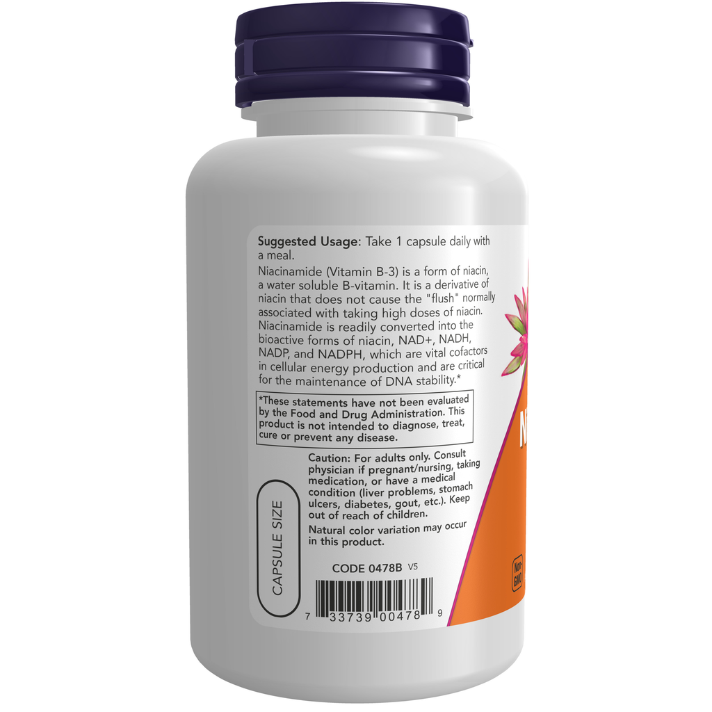 NOW Foods Niacinamide (B-3) 500 mg - 100 Veg Capsules – Label details / Etykieta producenta