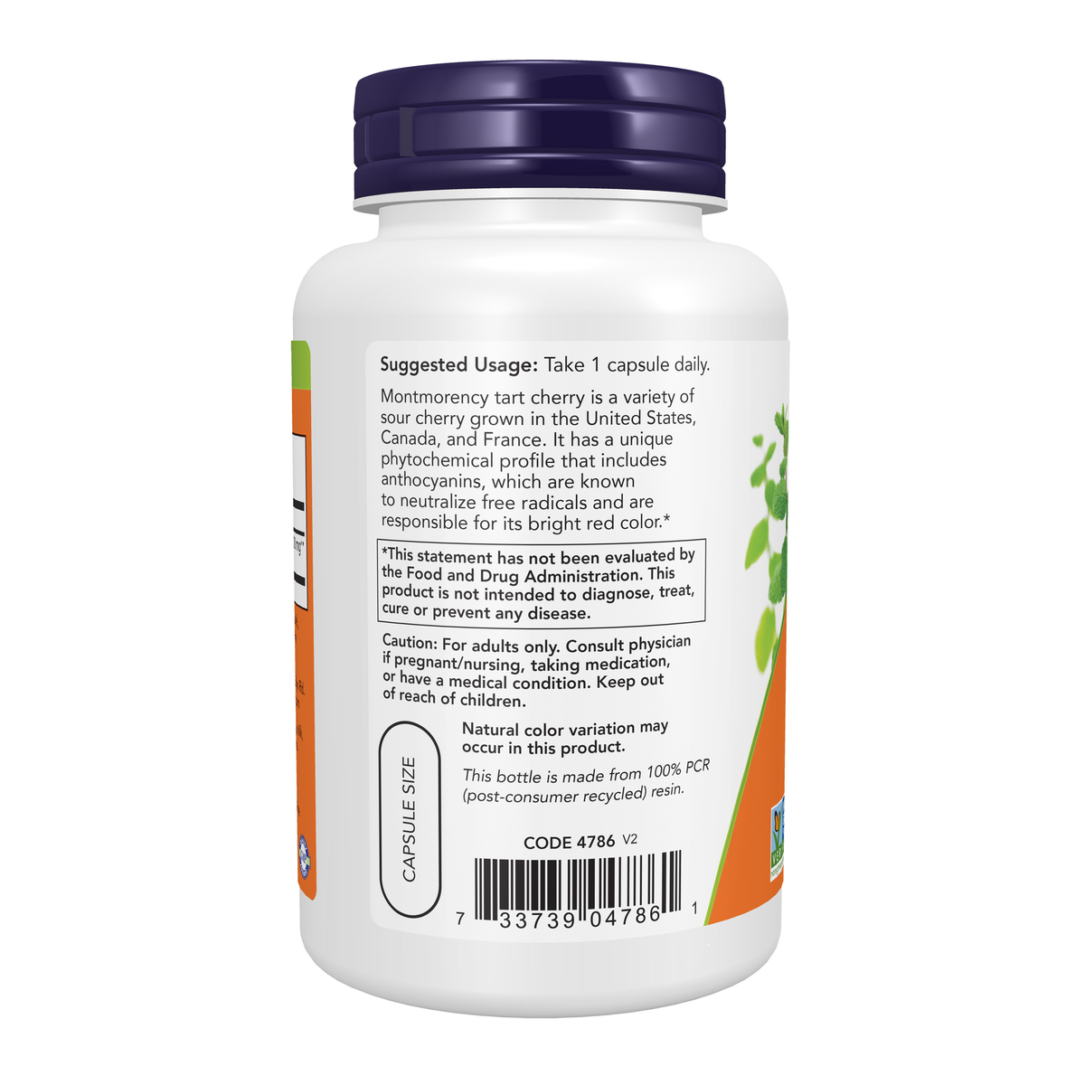 NOW Foods Tart Cherry 500 mg - 90 Veg Capsules – Left label / Etykieta producenta