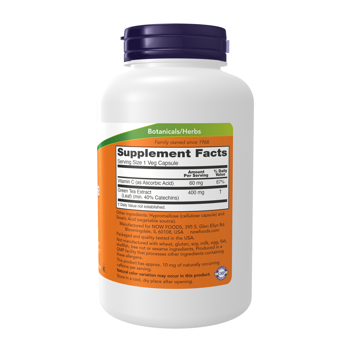 NOW Foods Green Tea Extract 400 mg - 250 Veg Capsules – Right label / Etykieta producenta