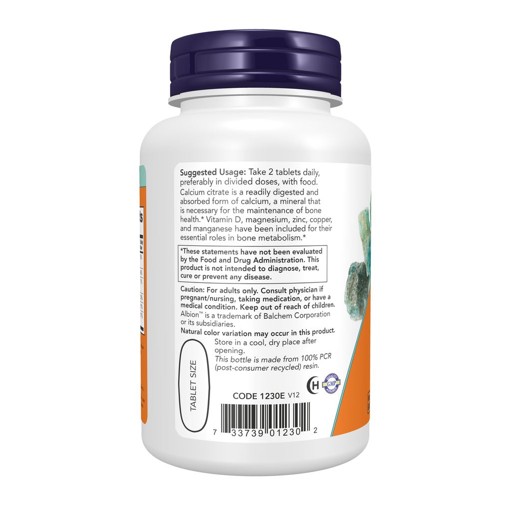 NOW Foods Calcium Citrate - 100 Tablets – Left label / Etykieta producenta