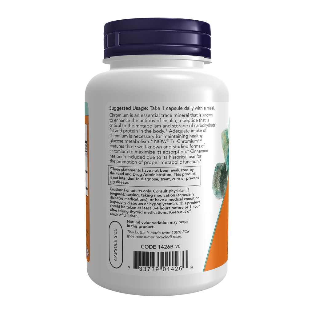 NOW Foods Tri-Chromium™ 500 mcg with Cinnamon - 180 Veg Capsules – Left label / Etykieta producenta