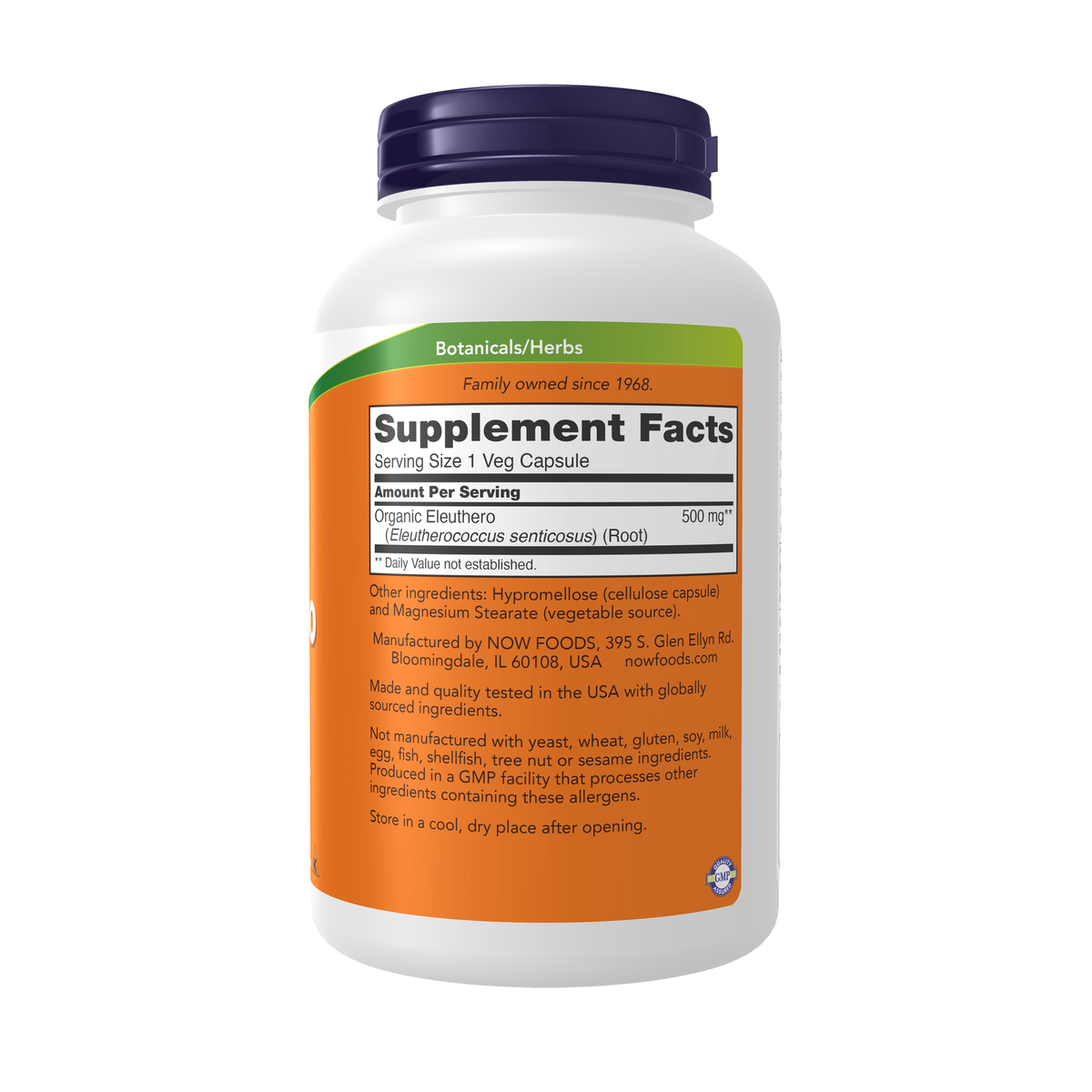 NOW Foods Eleuthero 500 mg - 250 Veg Capsules – Right label / Etykieta producenta