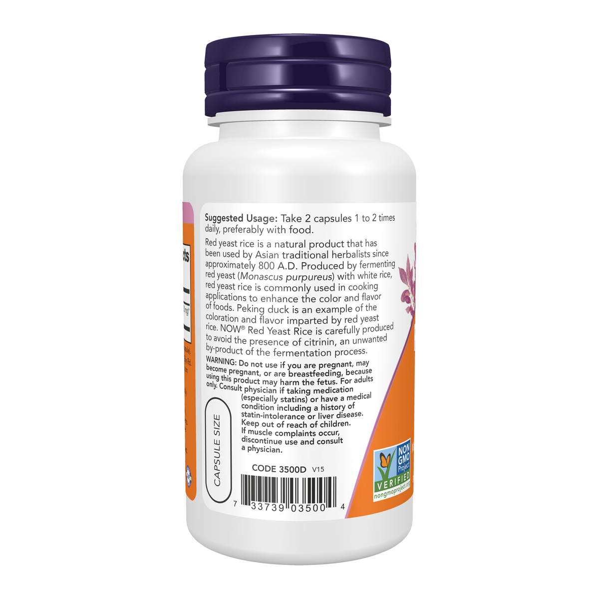 NOW Foods Red Yeast Rice 600 mg - 60 Veg Capsules – Left label / Etykieta producenta