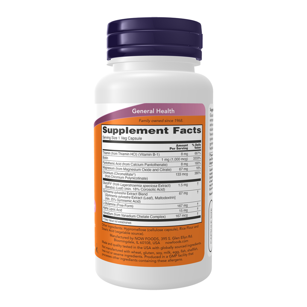 NOW Foods Glucose Metabolic Support - 90 Veg Capsules – Right label / Etykieta producenta