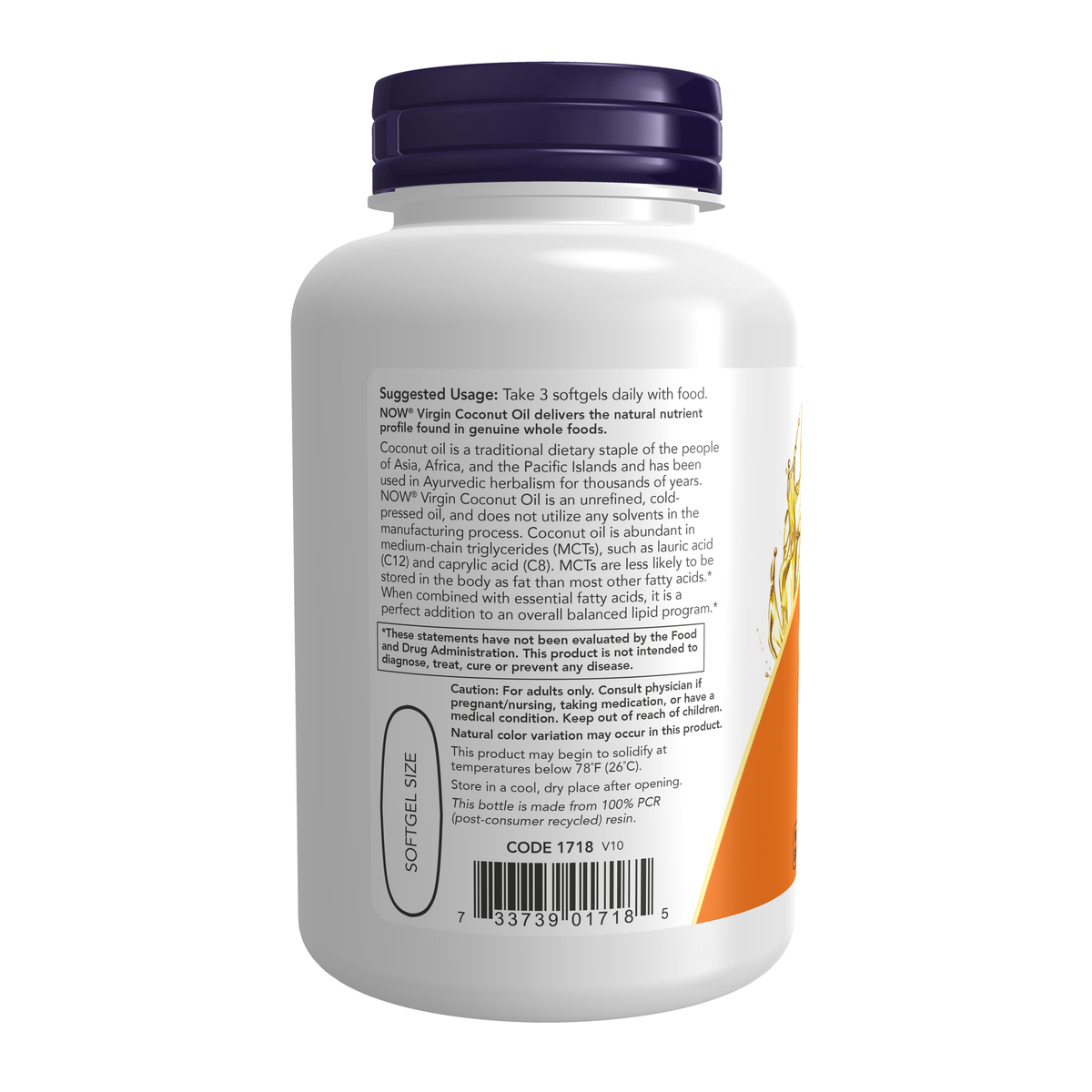 NOW Foods Virgin Coconut Oil 1000 mg - 120 Softgels – Left label / Etykieta producenta