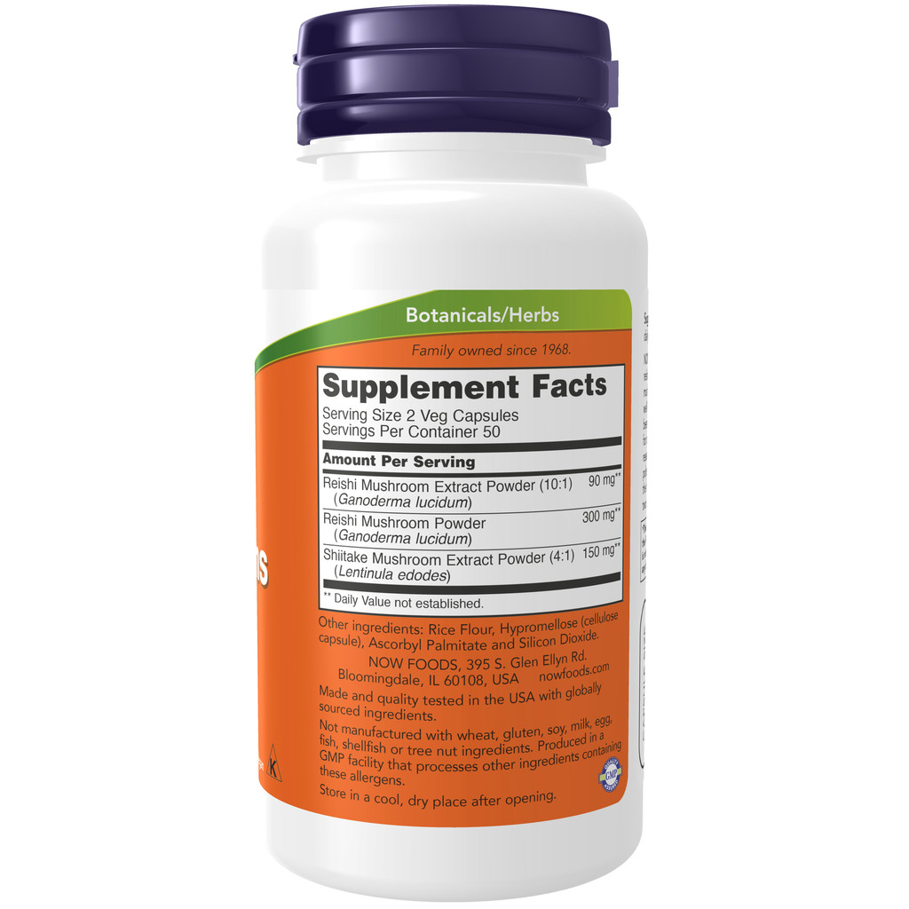 NOW Foods Rei-Shi Mushrooms 270 mg - 100 Veg Capsules – Label details / Etykieta producenta