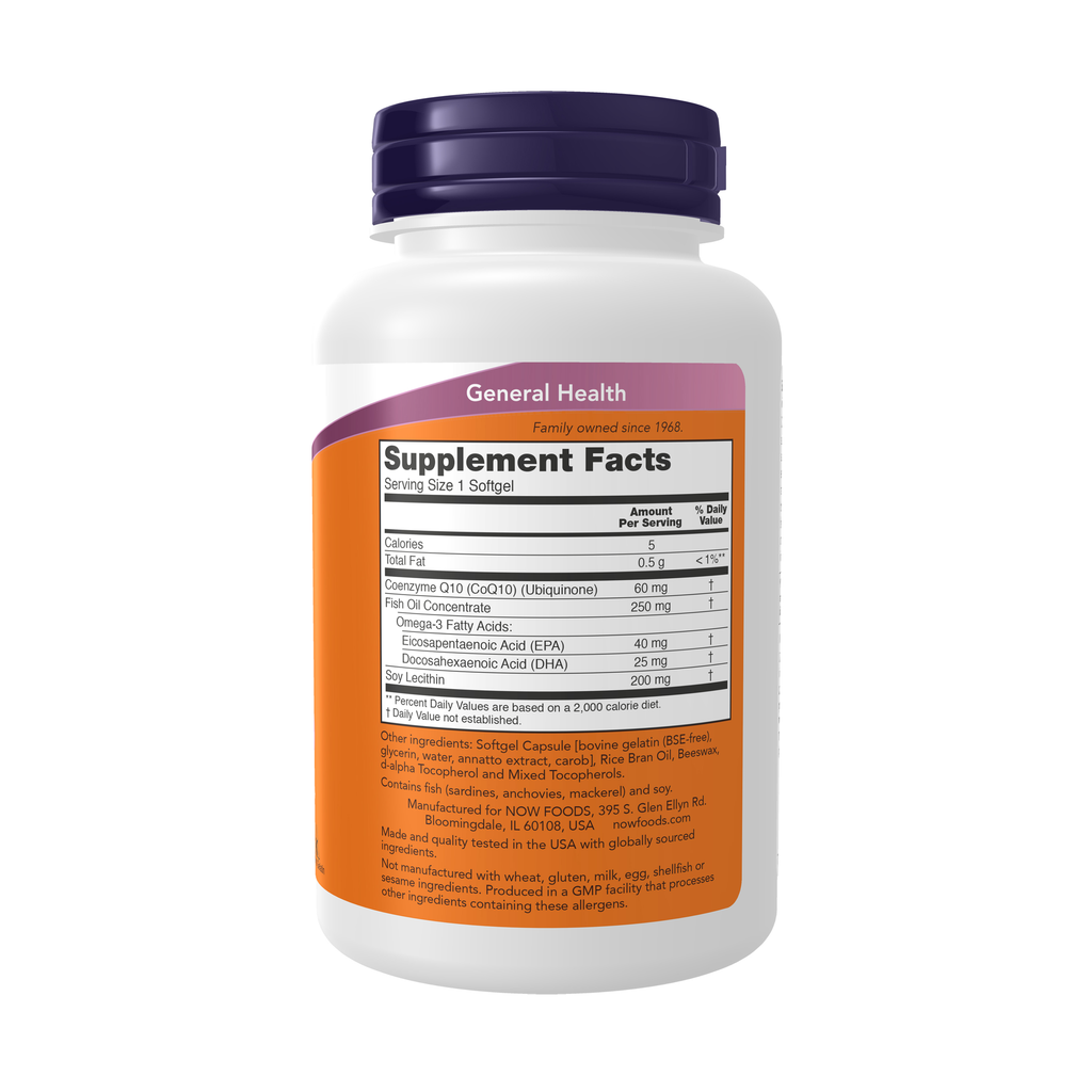 NOW Foods CoQ10 60 mg + Fish Oil – 120 Softgels – Right label / Etykieta producenta