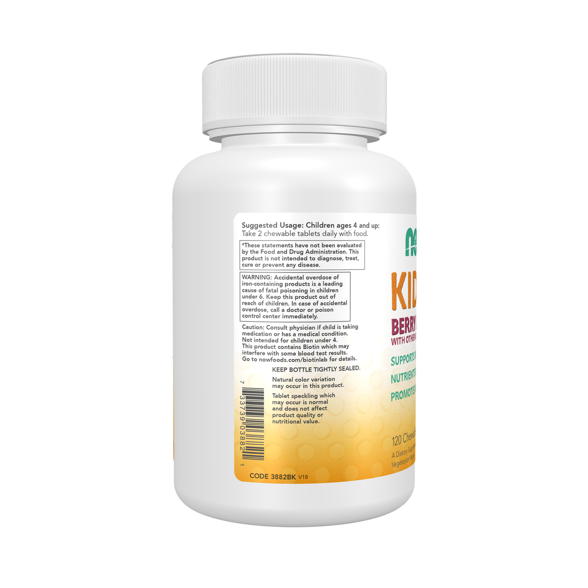 NOW Foods Kid Vits™ Berry Lemonade – 120 Chewable Tablets – Left label / Etykieta producenta