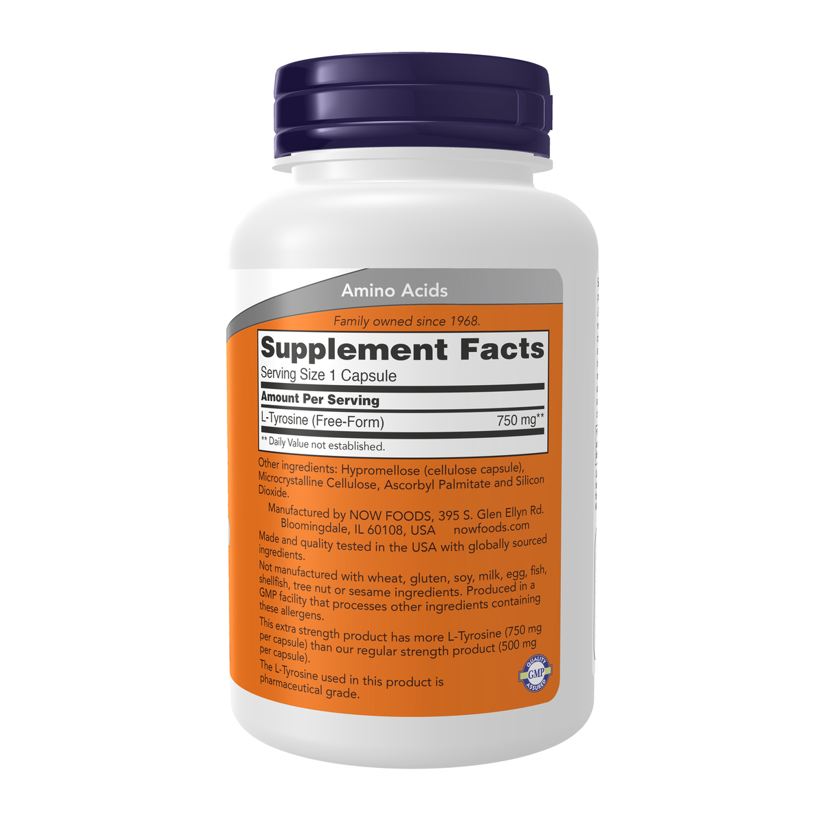NOW Foods L-Tyrosine 750 mg, Extra Strength - 90 Veg Capsules – Right label / Etykieta producenta