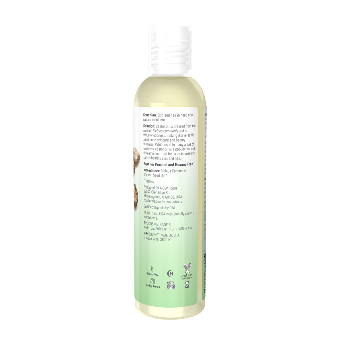 NOW Foods Castor Oil in Plastic Bottle, Organic - 8 fl. oz. – Right label / Etykieta producenta