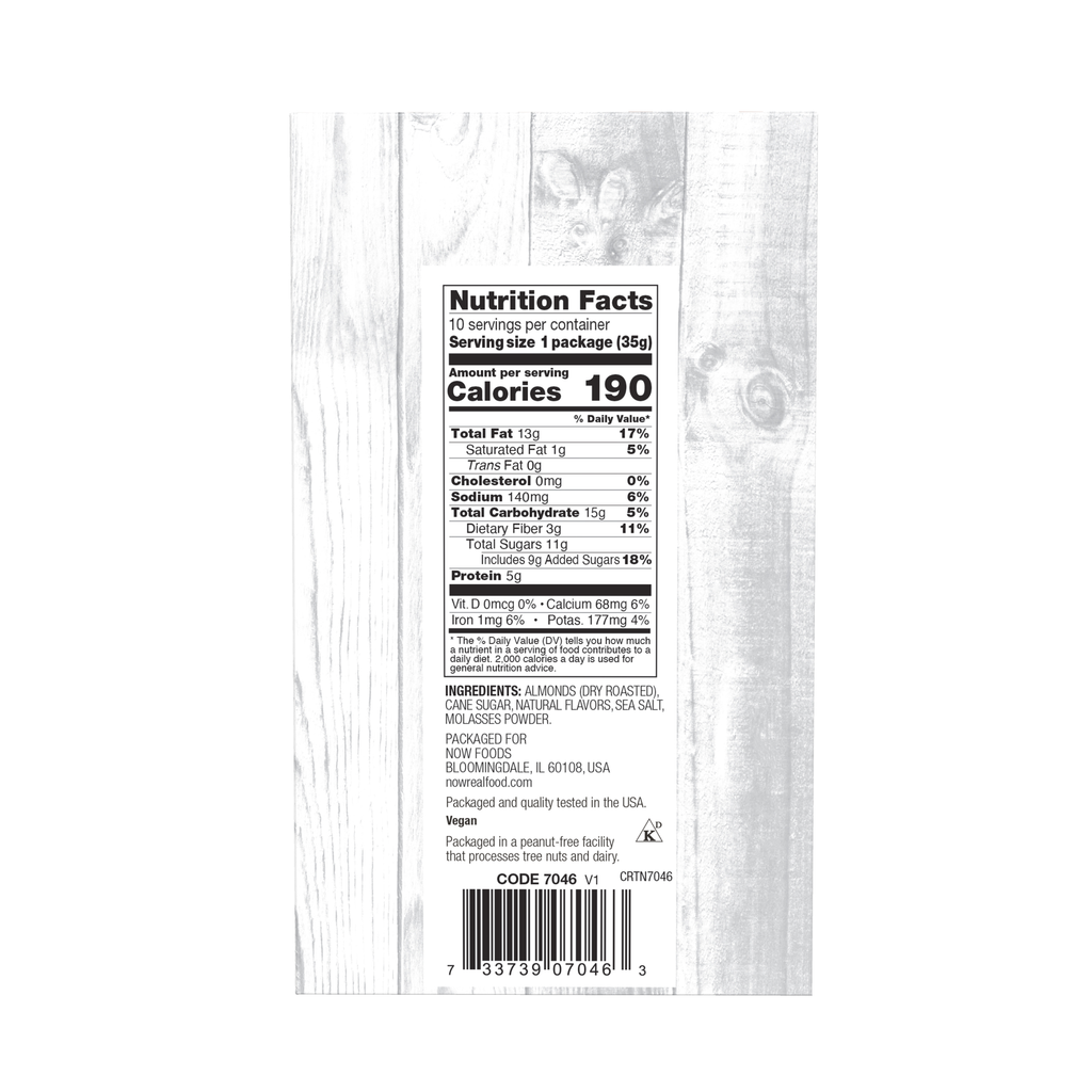 NOW Foods Almonds, Salted Caramel  - 10 - 1.25 oz. (35g) Packets – Back label / Etykieta producenta