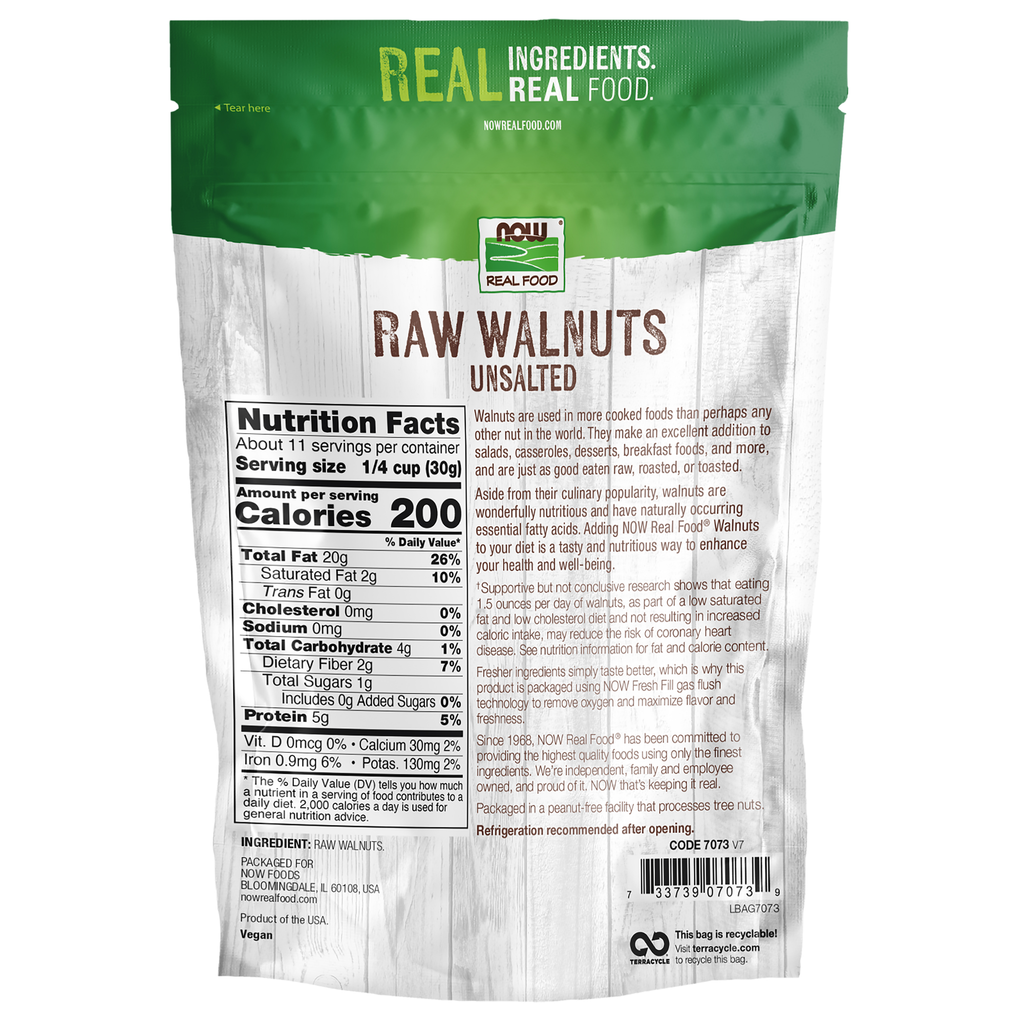 NOW Foods Walnuts, Raw & Unsalted - 12 oz. – Back label / Etykieta producenta