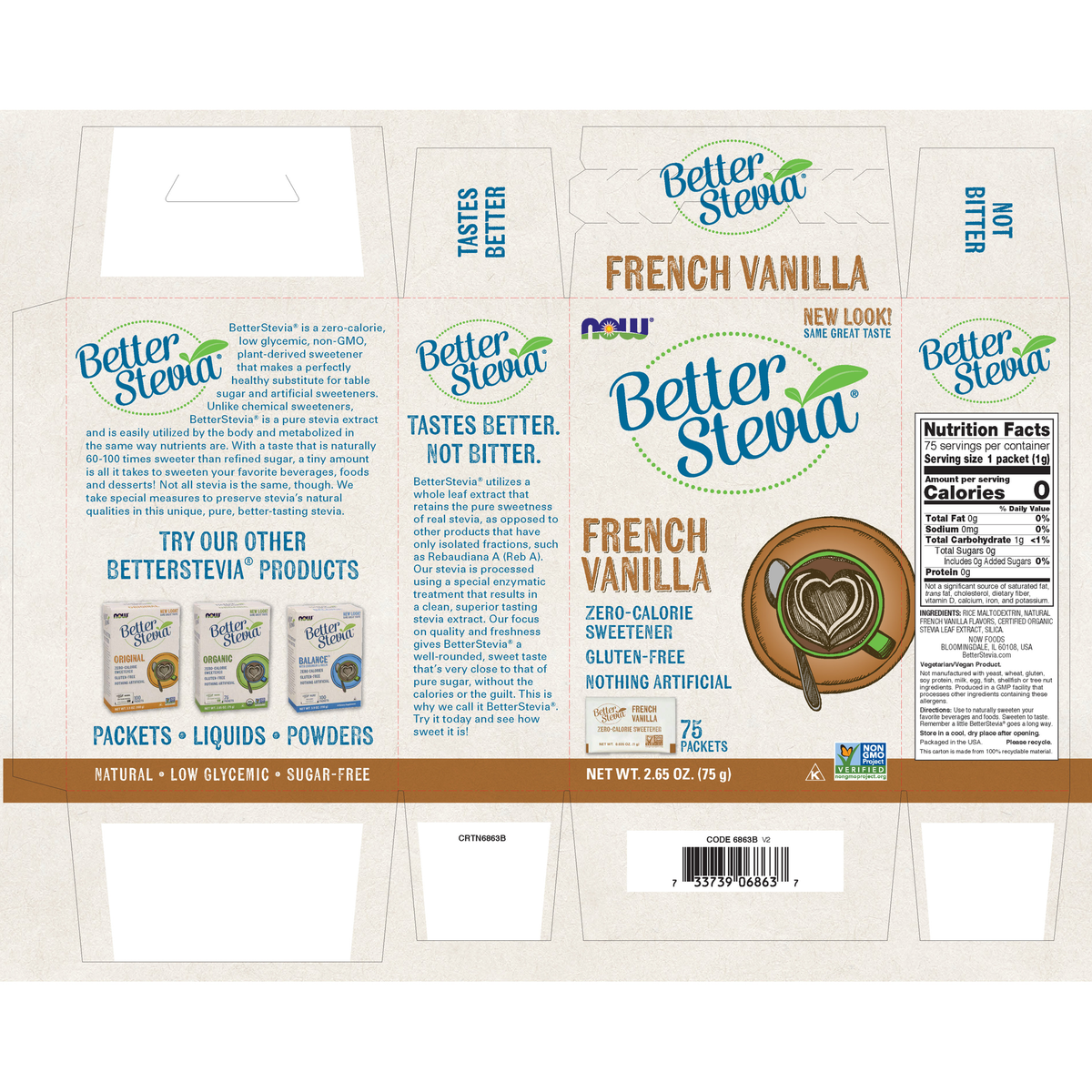 NOW Foods BetterStevia® French Vanilla - 75 Packets/Box – Label details / Etykieta producenta