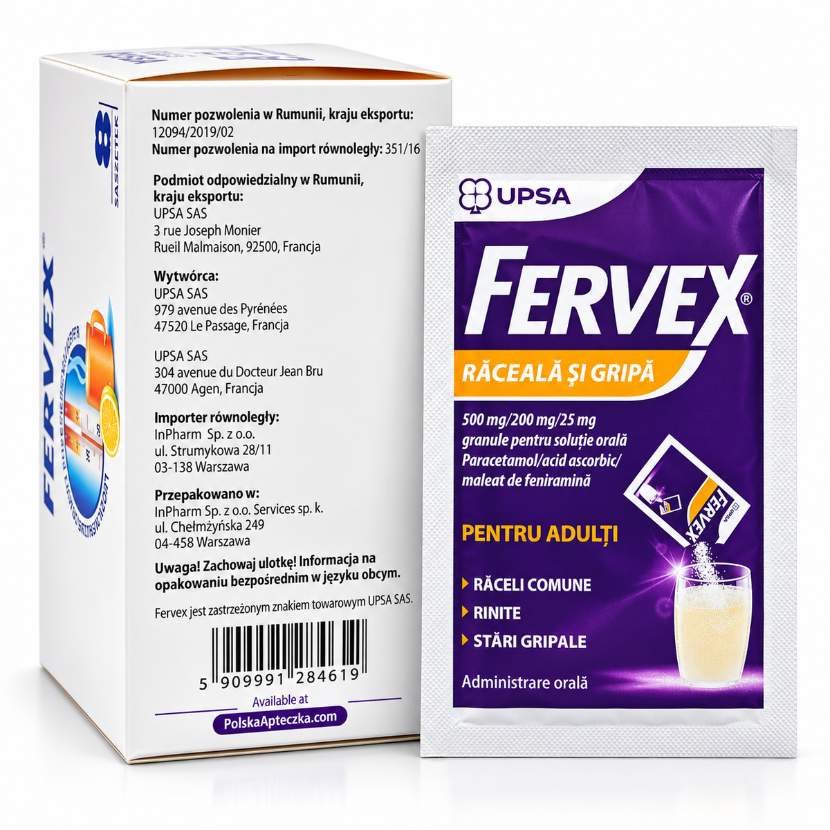 Fervex Cold & Flu for Adults – Fever, Headache & Runny Nose Relief | 8 Sachets Lemon Flavor - Apteczka | Proton Nutrition