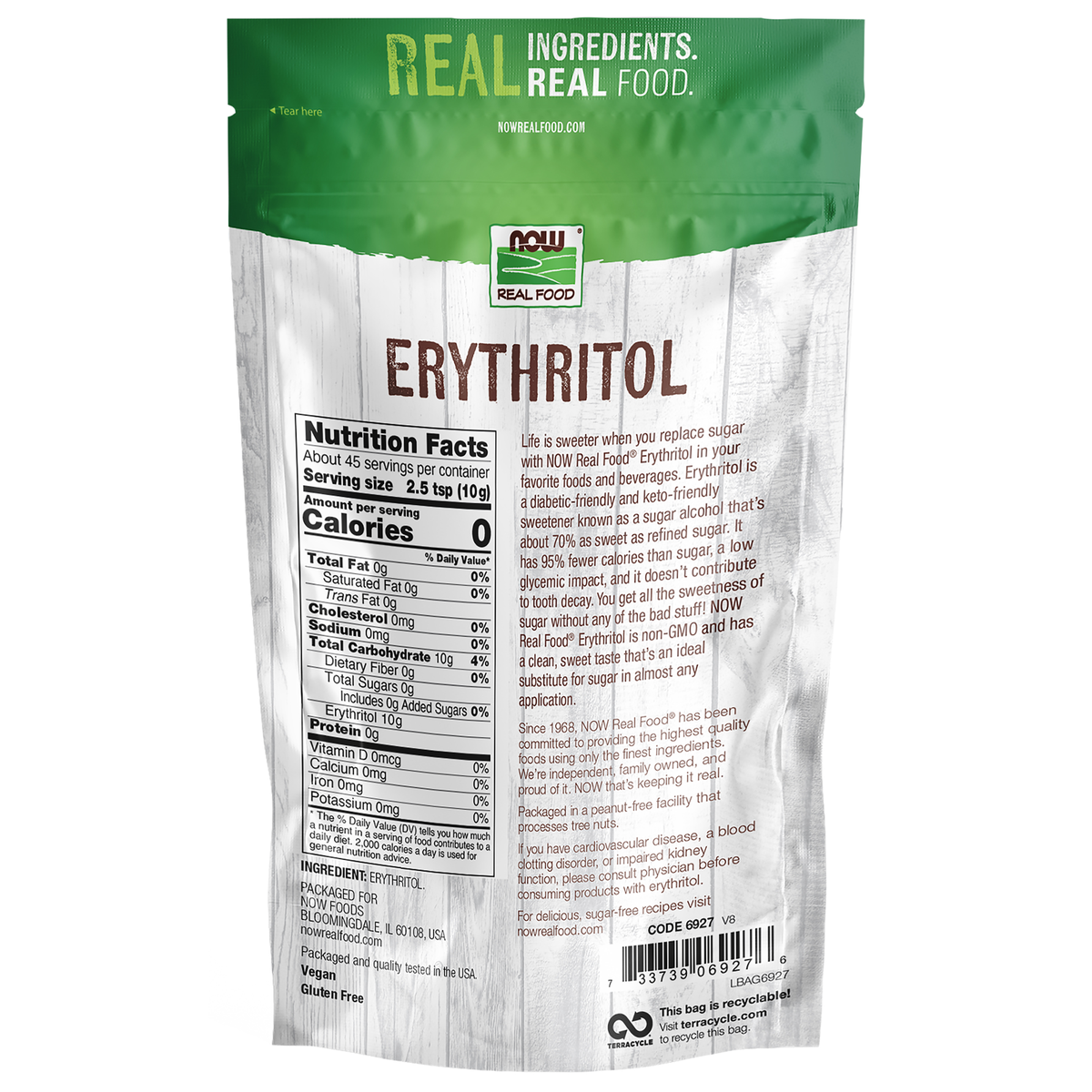 NOW Foods Erythritol - 1 lb. – Back label / Etykieta producenta
