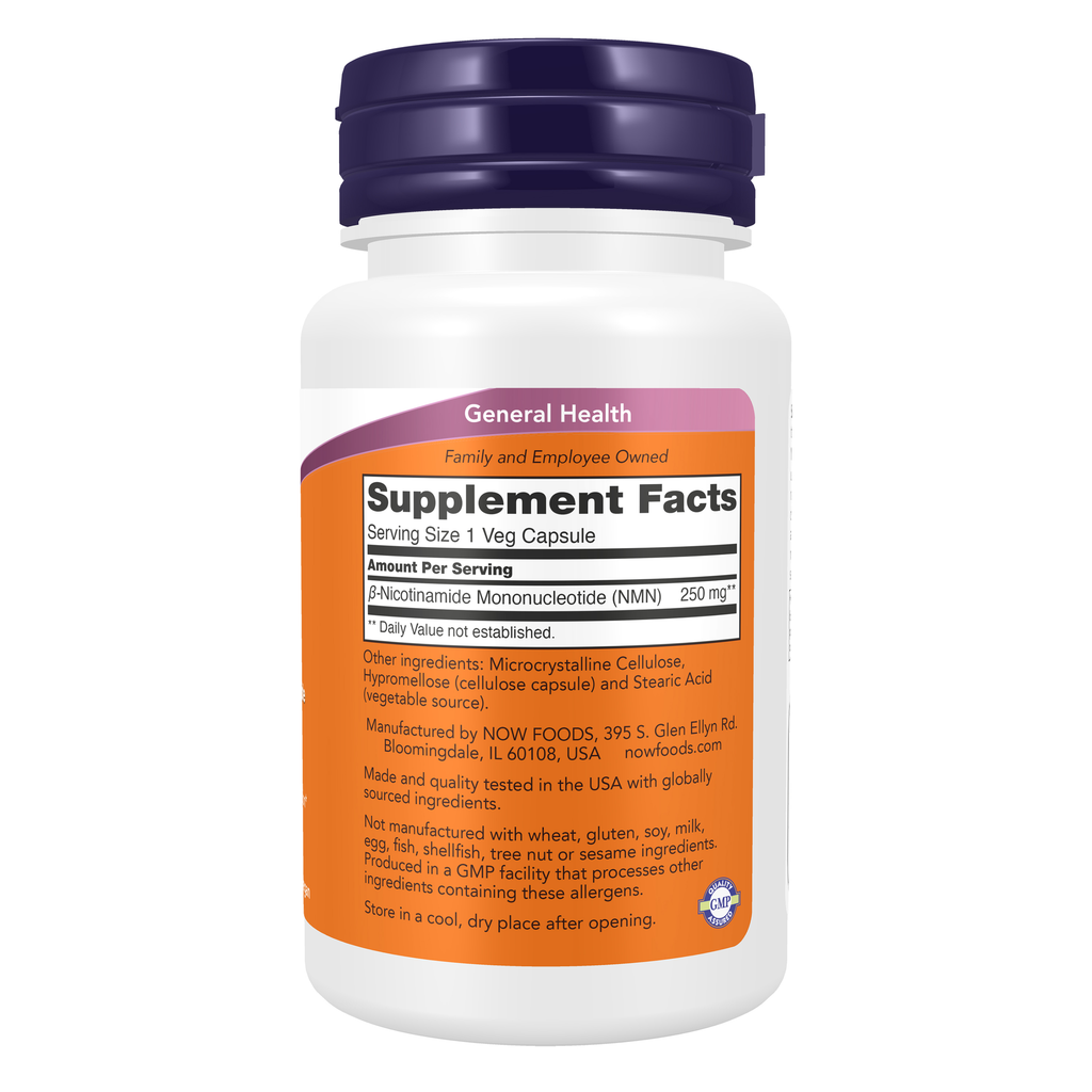 NOW Foods NMN 250 mg - 60 Veg Capsules – Right label / Etykieta producenta