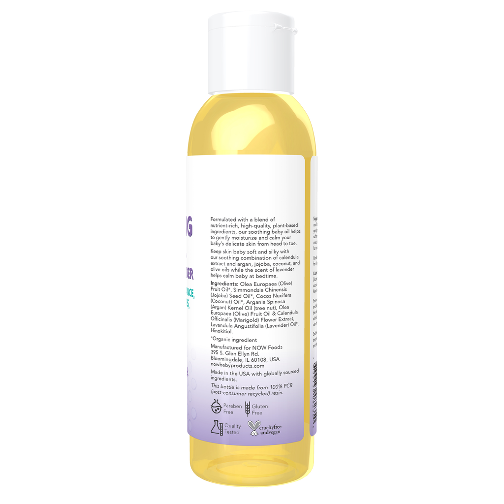 NOW Foods Soothing Baby Oil, Calming Lavender - 4 fl. oz. – Right label / Etykieta producenta