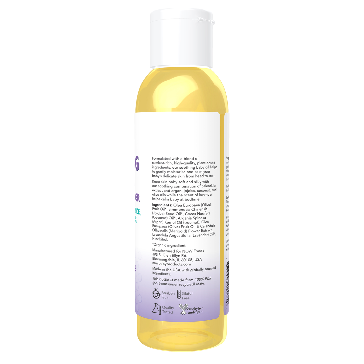 NOW Foods Soothing Baby Oil, Calming Lavender - 4 fl. oz. – Right label / Etykieta producenta