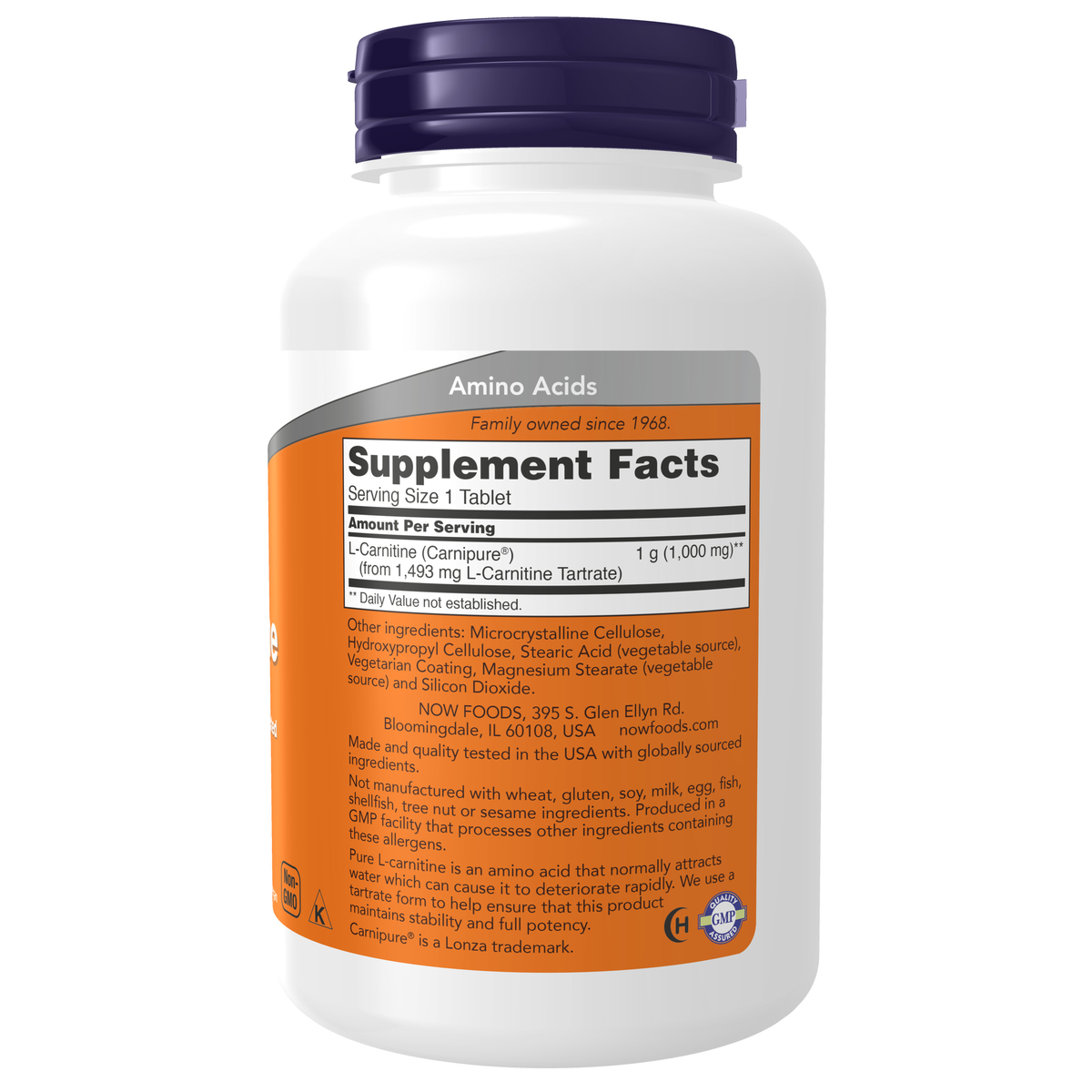 NOW Foods L-Carnitine 1000 mg - 100 Tablets – Label details / Etykieta producenta