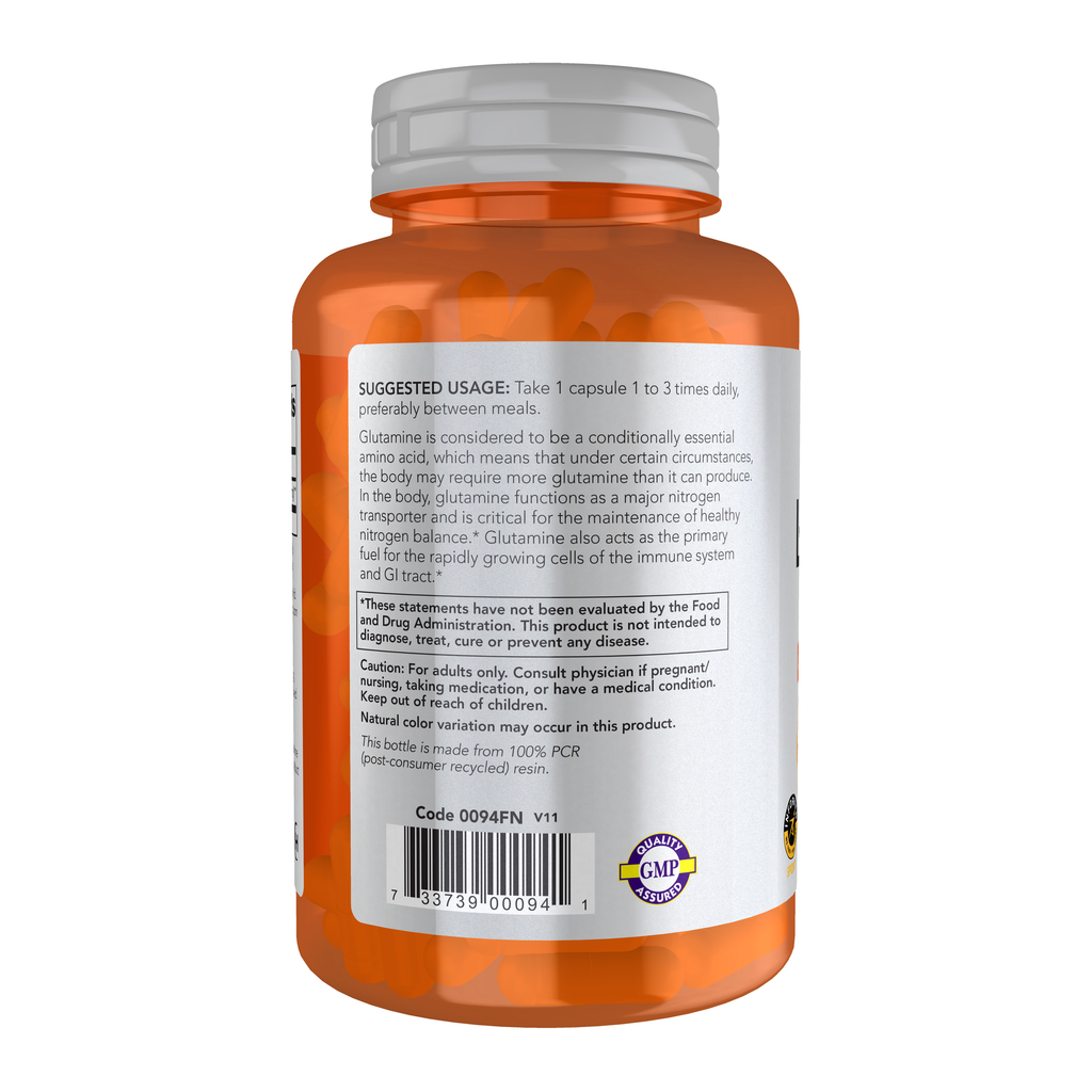 NOW Foods L-Glutamine, Double Strength 1000 mg - 120 Veg Capsules – Left label / Etykieta producenta