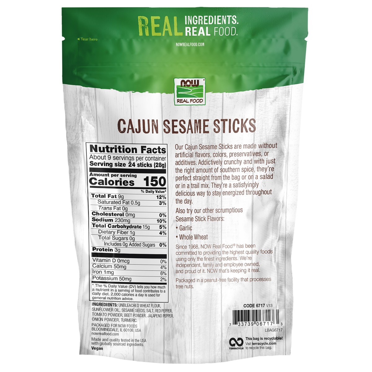 NOW Foods Cajun Sesame Sticks - 9 oz. – back label / Etykieta producenta